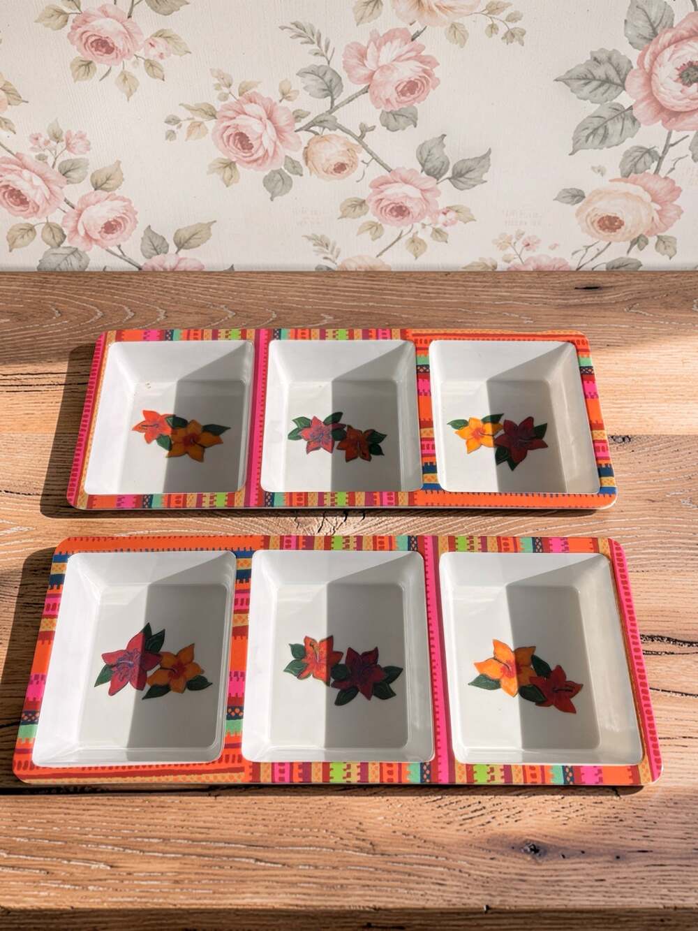 Evergreen Set 2 Triple Section Serving Trays Floral Fiesta Dip Appetizer Dishes